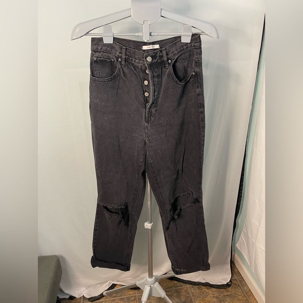 PacSun High Waisted Mom Jeans‎ Womens Faded Black Distressed Button Fly Denim